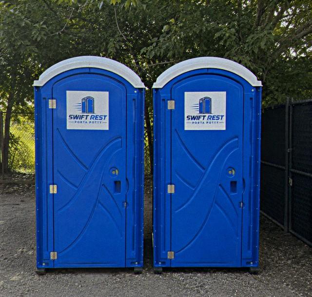 Event restroom units set up before guests arrive